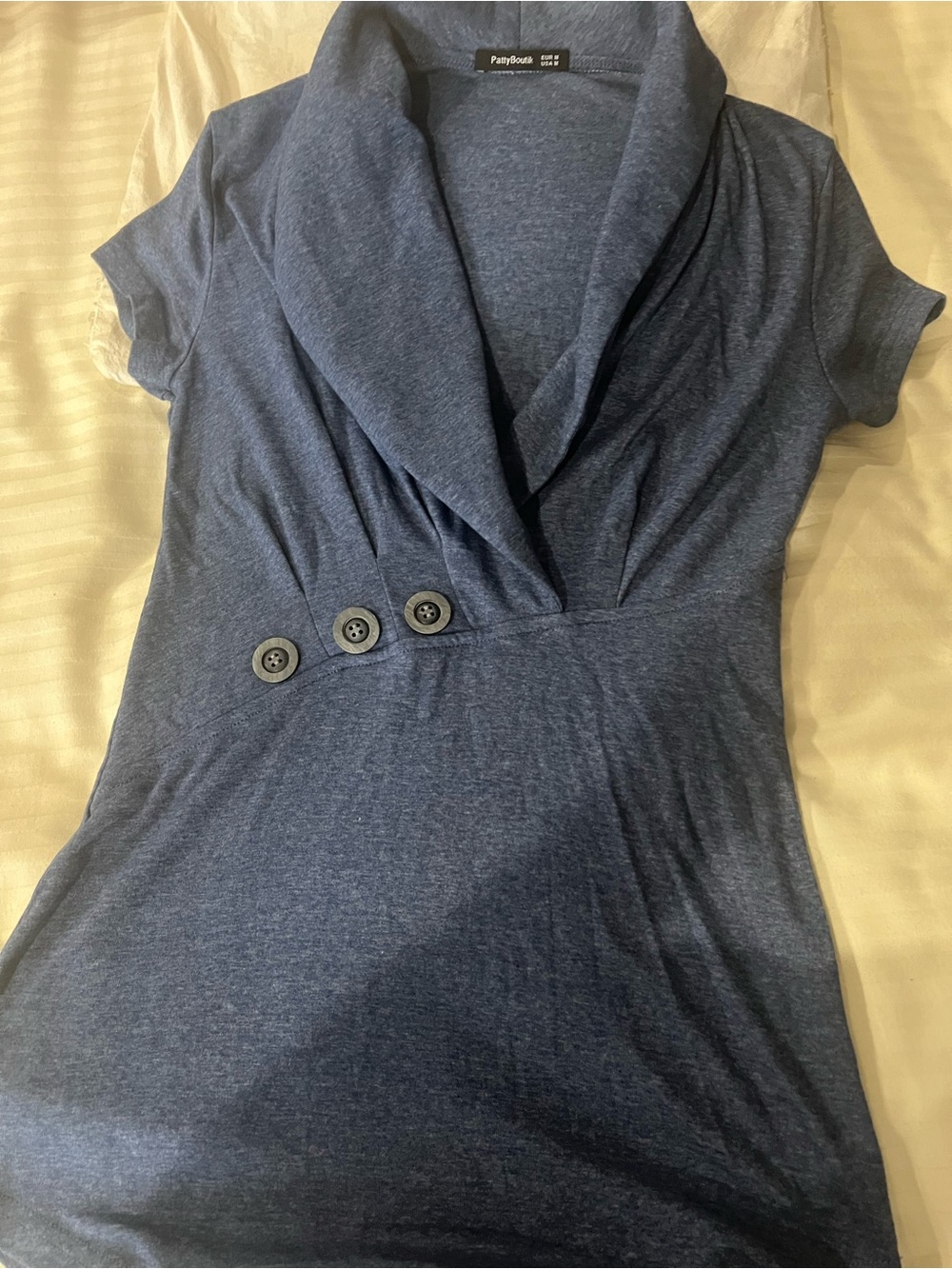PattyBoutik Navy Short-Sleeve Shawl Collar Tunic with Decorative Buttons